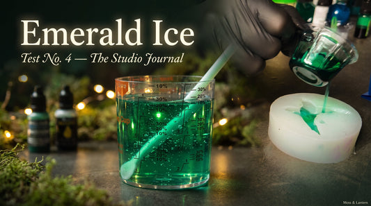 Emerald green resin swirling in a mixing cup and pouring into a mushroom-cap mold in the Moss & Lantern Pacific Northwest studio — Test No. 4 of the Emerald Ice colorway.