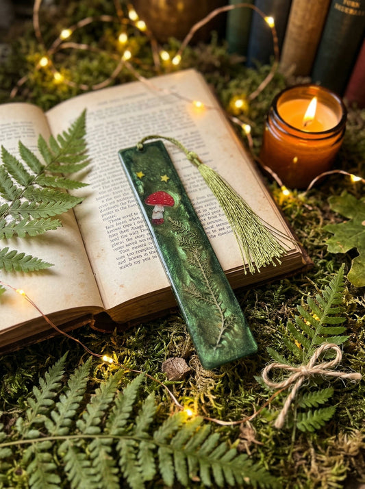 Emerald Moss Forest Mushroom Bookmark - Handmade Resin Bookmark