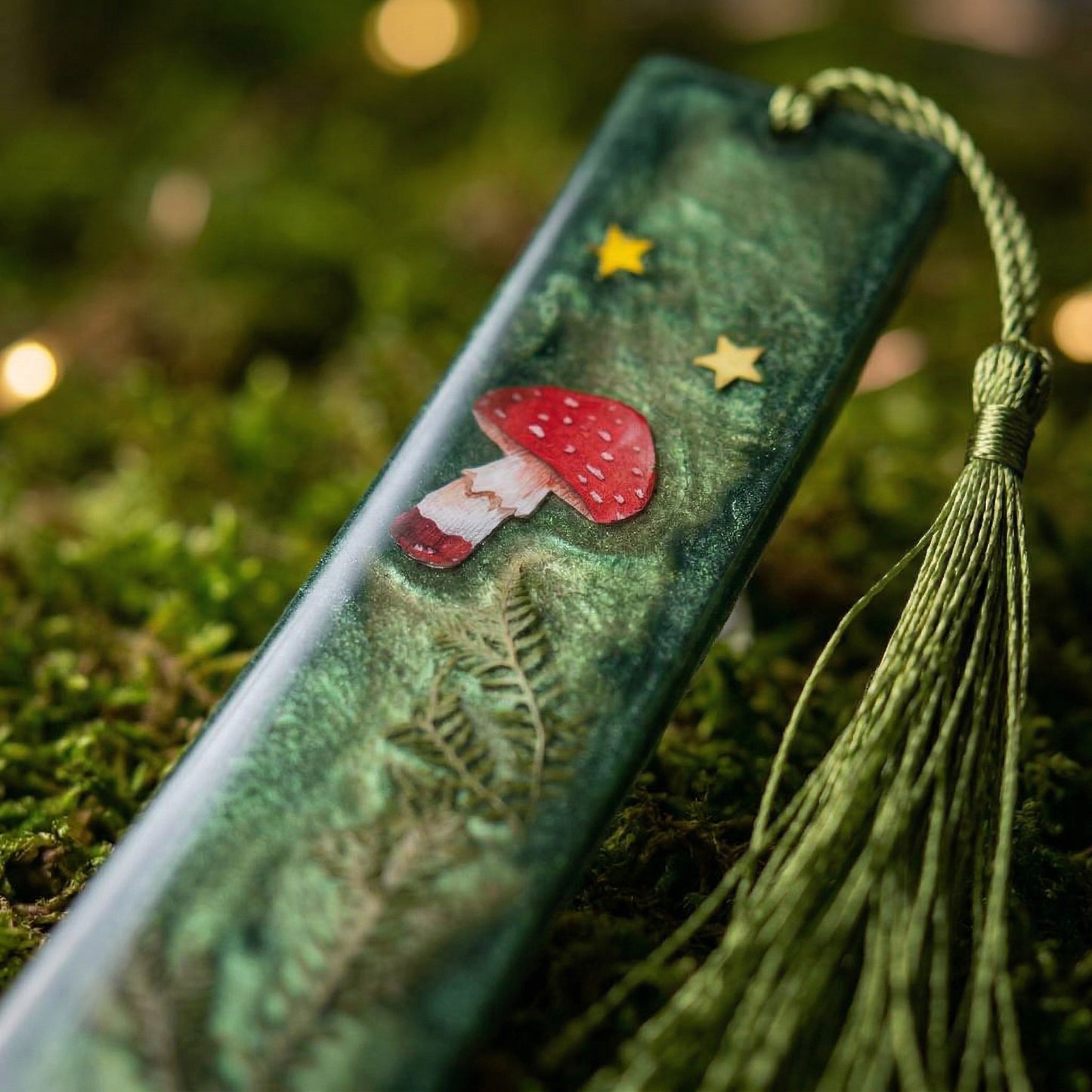 Emerald Moss Forest Mushroom Bookmark - Handmade Resin Bookmark