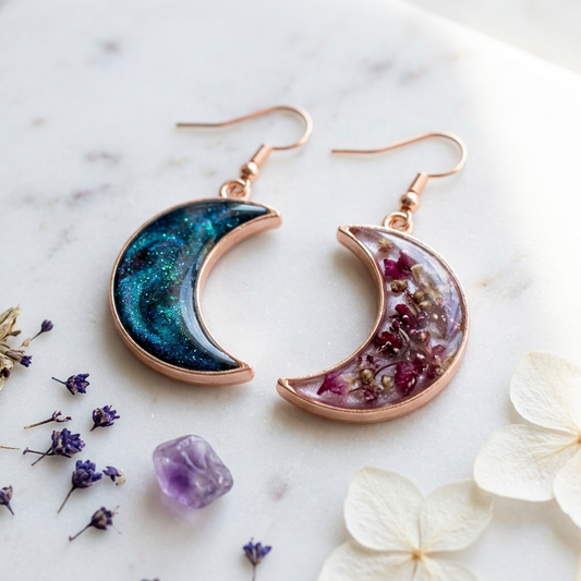 Midnight Garden Moon Earrings - Colorful Resin with Elegant Silver Hooks | Unique Gifts