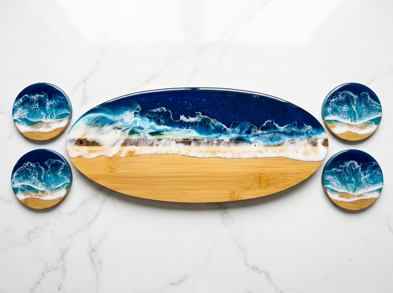 Planche à charcuterie et dessous de verres Vagues de l'océan – Ensemble d'art en résine fait main