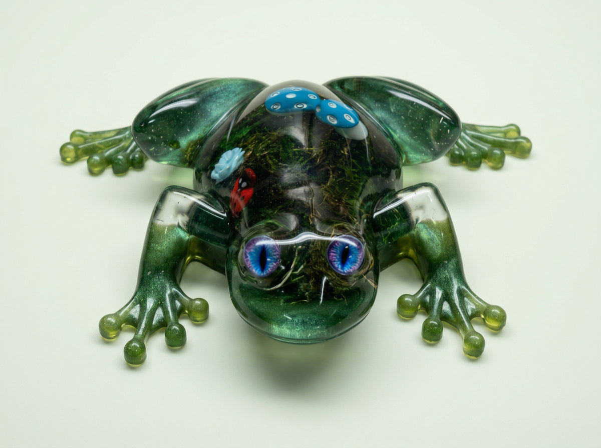 Emotional Support Desk Frog — Handmade Resin Sculpture with Moss, Mushroom & Ladybug Garden Inside