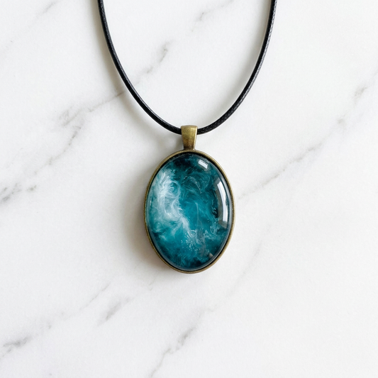Handcrafted Teal Swirl Resin Pendant – Unique Jewelry with Leather Cord | Unique Gifts