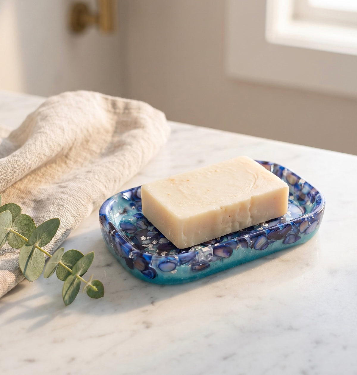 The Tidepool Catchall — Resin Soap Dish in Indigo & Ocean Sea Glass