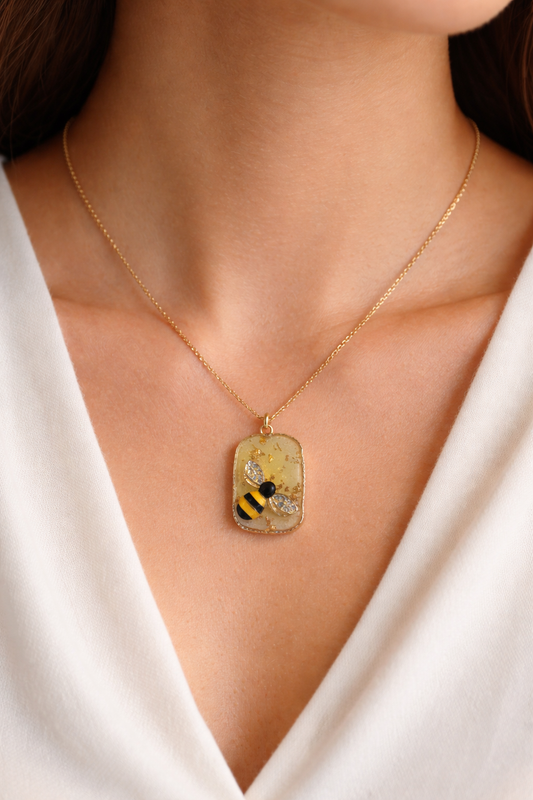 Golden Honey Bee Pendant Necklace — One-of-a-Kind Handmade Resin Heirloom | Real Gold Leaf