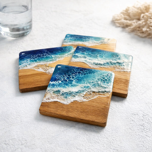 Ocean Resin & Wood Coaster Set (Set of 4) – Handmade Coastal Drink Coasters