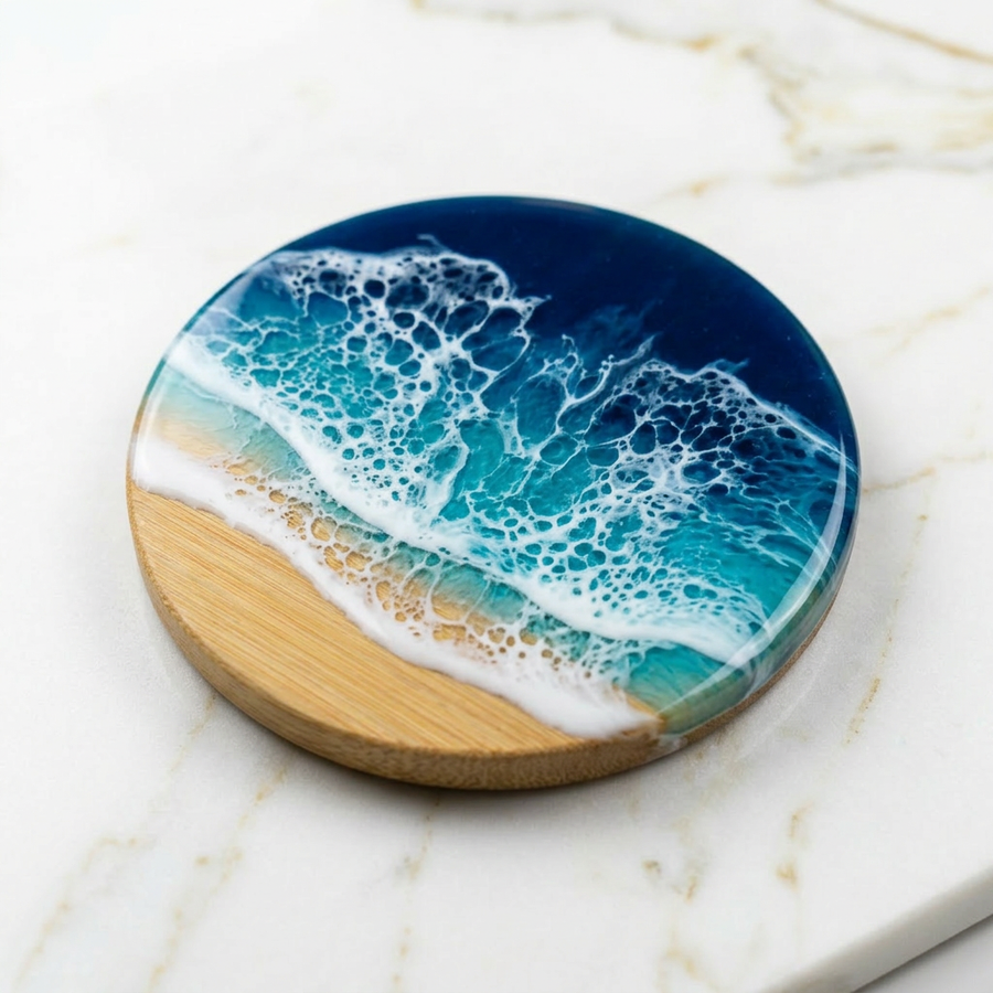 Ocean Resin & Wood Coaster Set (Set of 4) – Handmade Coastal Drink Coasters