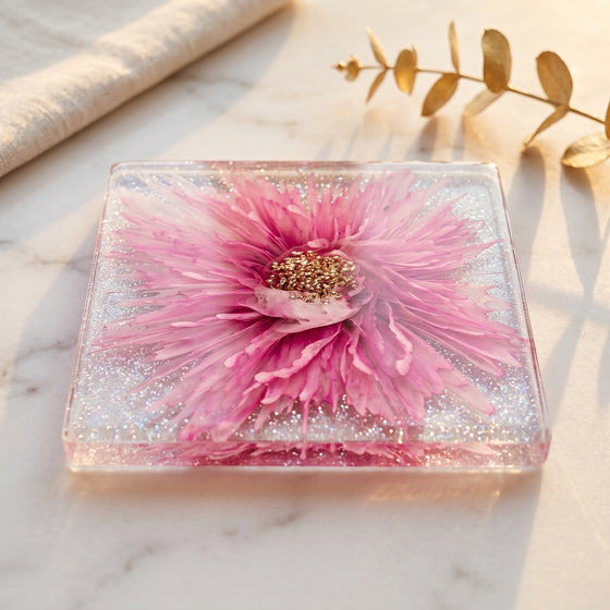 Pink Bloom Alcohol Ink Resin Coaster – Handcrafted 4x4 Floral Glitter Coaster