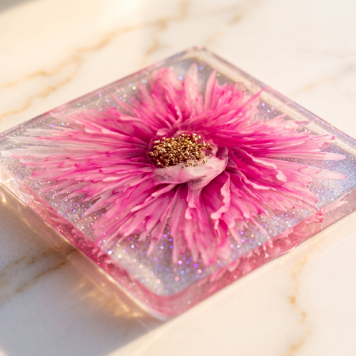 Pink Bloom Resin Coaster – Handcrafted 4x4 Floral Glitter Coaster