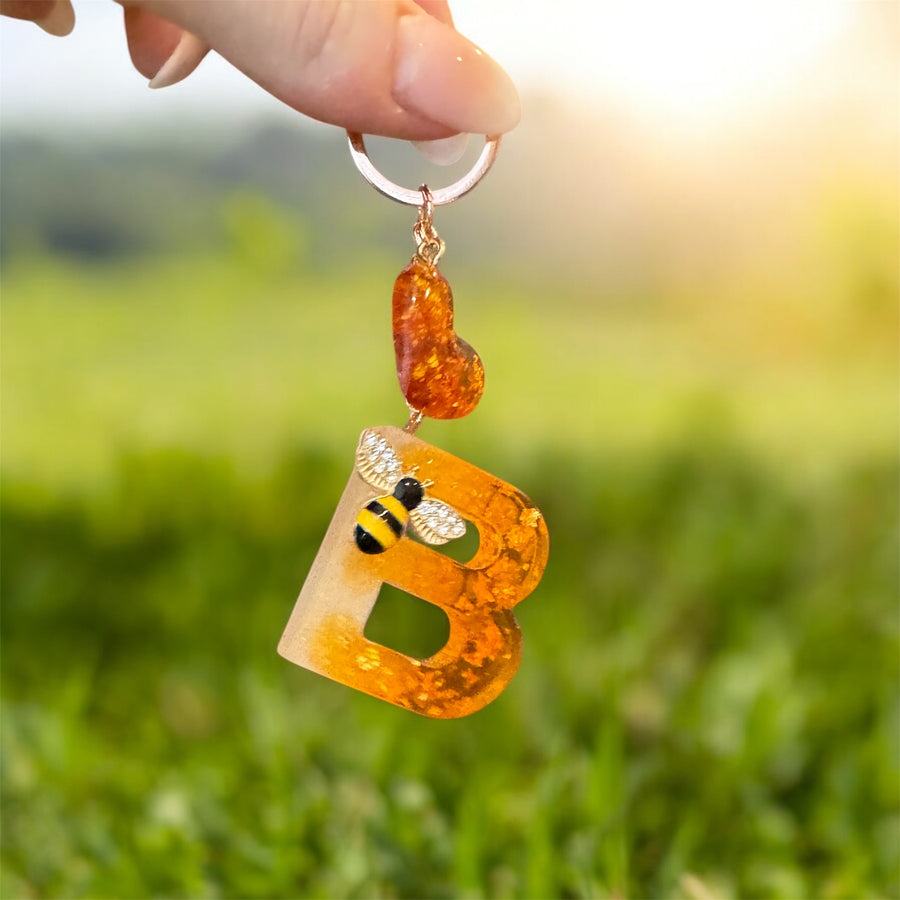 Handmade Resin Bee Keychain - Amber Gold Letter Keyring, Save The Bees Gift, Bee Lover Accessory, Personalized Initial Keychain