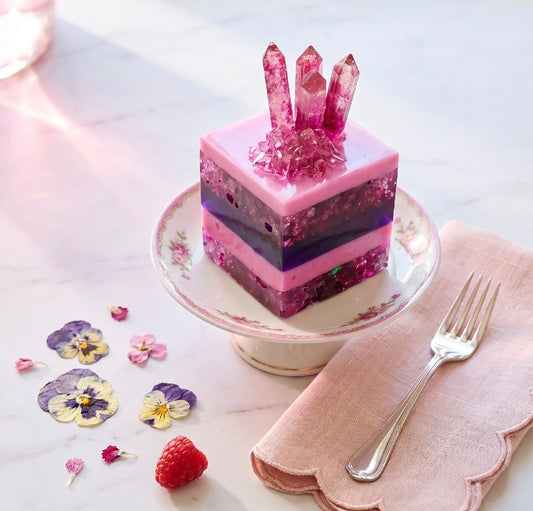  Pink amethyst faux cake made from layered pink and purple resin with crushed glass, Sweet Escape Collection