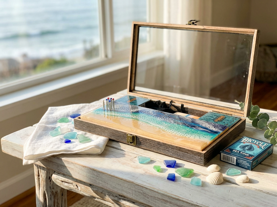 Ocean Cribbage Gift Set – 3-Person Set with Crystal Pegs & Sea Cards | Unique Gifts | Weddings | Housewarming